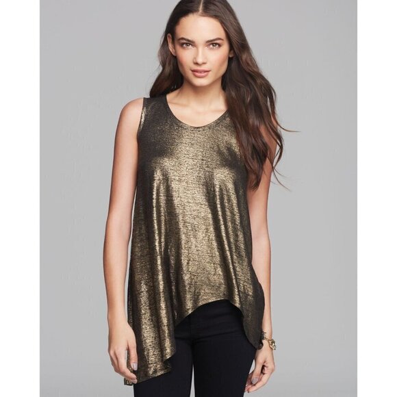 EILEEN Fisher Gold Knit Metallic Party Top Asymmetric Small Mob Wife - Picture 2 of 8
